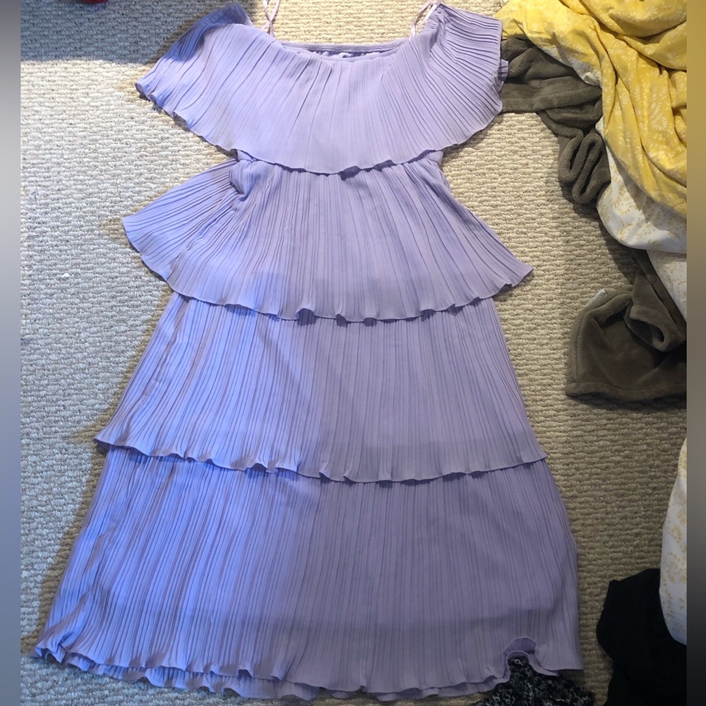Chelsea purple flowy tiered off-shoulder dress